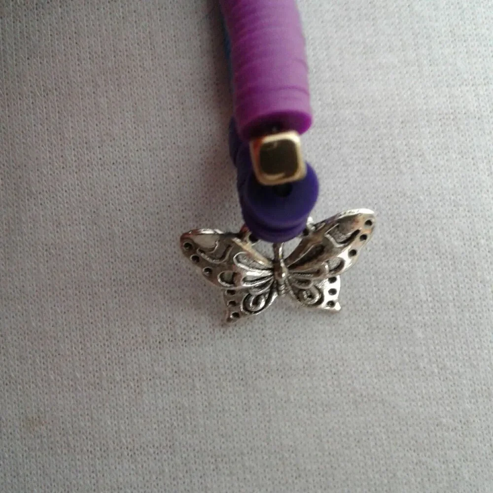 clay bead bracelet with butterfly charm blue, purple teal turquoise, handmade